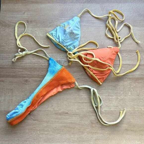 Fashion Nova Hidden Hills Blue Orange Ribbed String Bikini Women's Size Small S - Picture 4 of 6